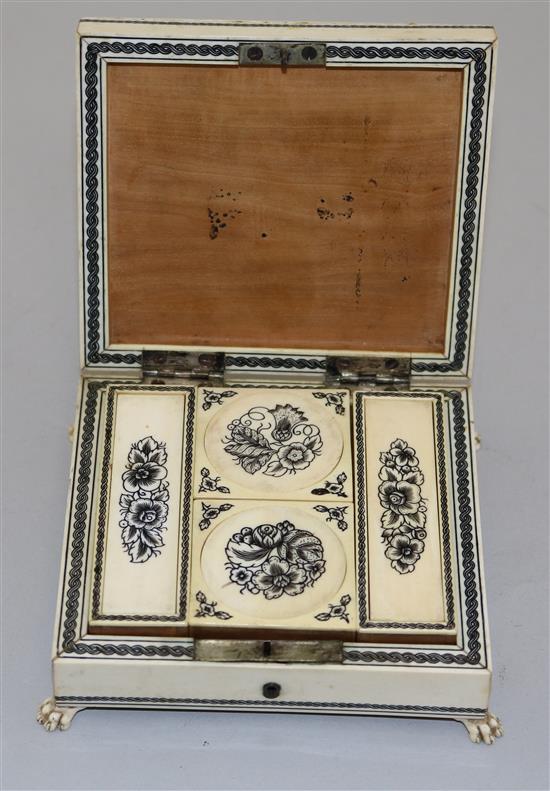 A late 19th century Vizagapatam boxed set of gaming counters, 4.25in.